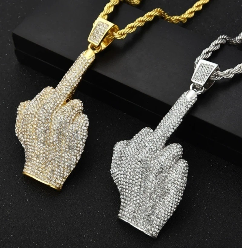 Street Style Hip Hop Full Finger Personality Fashion Pendant Vertical Middle Finger Men Necklace Trendy Jewelry