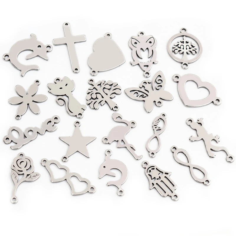 20pcs No Fade 316 Stainless Steel Double Loops Star Tree Heart Cute Charms Pendant DIY Jewelry Findings for Necklace Bracelet