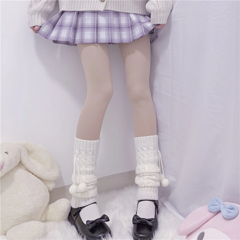 Winter Women Leg Warmers Loose Socks Wool Ball Knitted Foot Cover Warmers Korean Style Sweet Girl Lolita Cosplay Knee High Socks