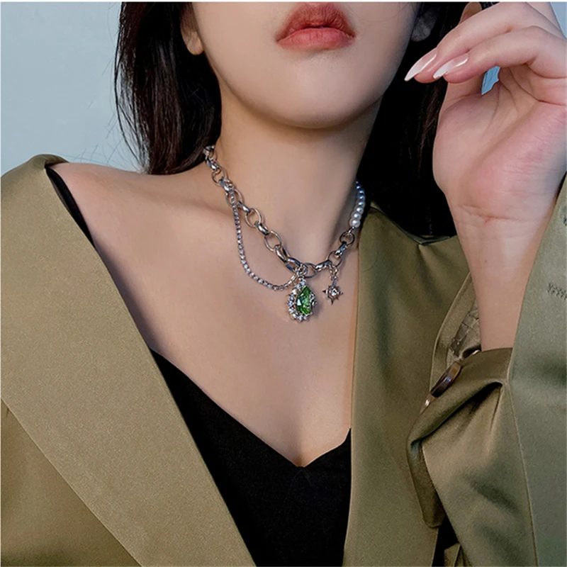 AOMU 2020 New Vintage Luxury Asymmetric Pearl Metal Chain Waterdrop Green Rhinestone Pendant Trendy Necklace for Women Party