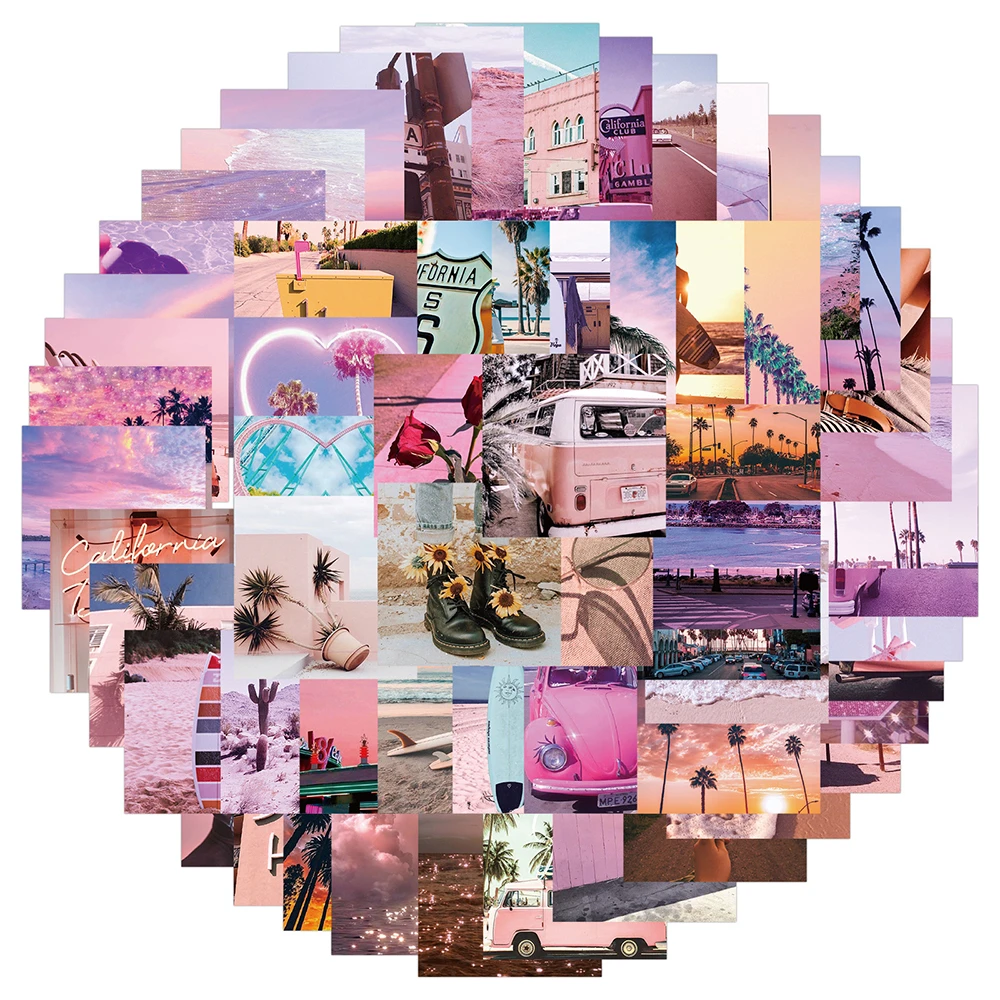 10/30/62pcs INS Style Pink Landscape Stickers Aesthetic California Sunshine Decals  Luggage Laptop Skateboard Phone Sticker Toys