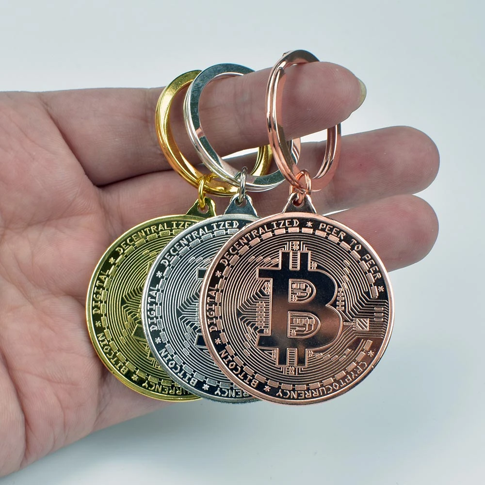Pure gold silver Plated Bitcoin Keychain Bit Coin Coin Key Chain Collectible  Physical Metal Coin