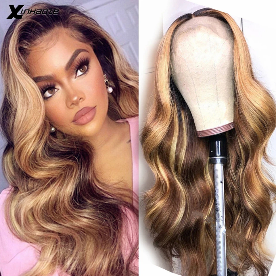 Honey Blonde Highlighted Wigs 13x4 Ombre Brown Body Wave Lace Front Human Hair Wig Silk Base Lace Frontal Malaysian Silk Top Wig