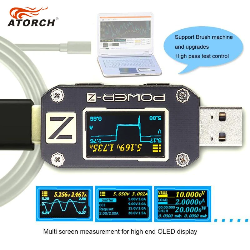 ATORCH POWER-Z USB tester Type-c PD QC 3.0 2.0 Charger Voltage Current Ripple Dual Type-C KM001 Volt Meter Power Bank Detector