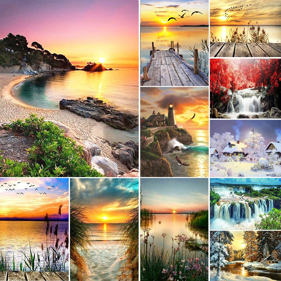 5D DIY Diamond Painting Sunset Seaside Diamond Embroidery Landscape Mosaic Picture Cross Stitch Kit Crystal Home Decoration Gift