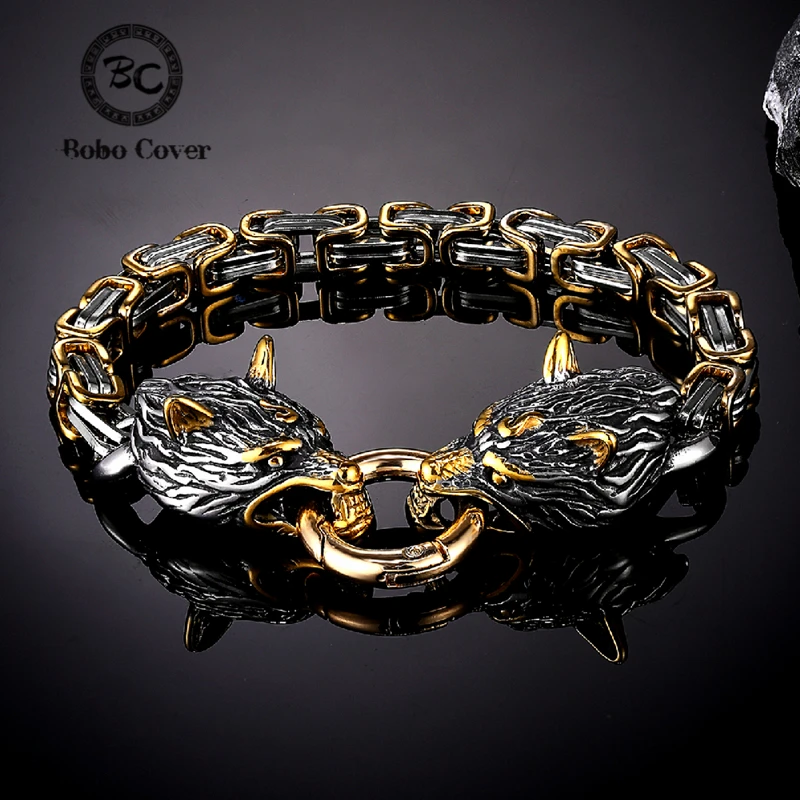 Nordic Vikings Celtic Wolf Head Bracelets Mens Stainless Steel Oding Wolf Bangles Amulet Never Fade Gold King Chain Rock Jewelry