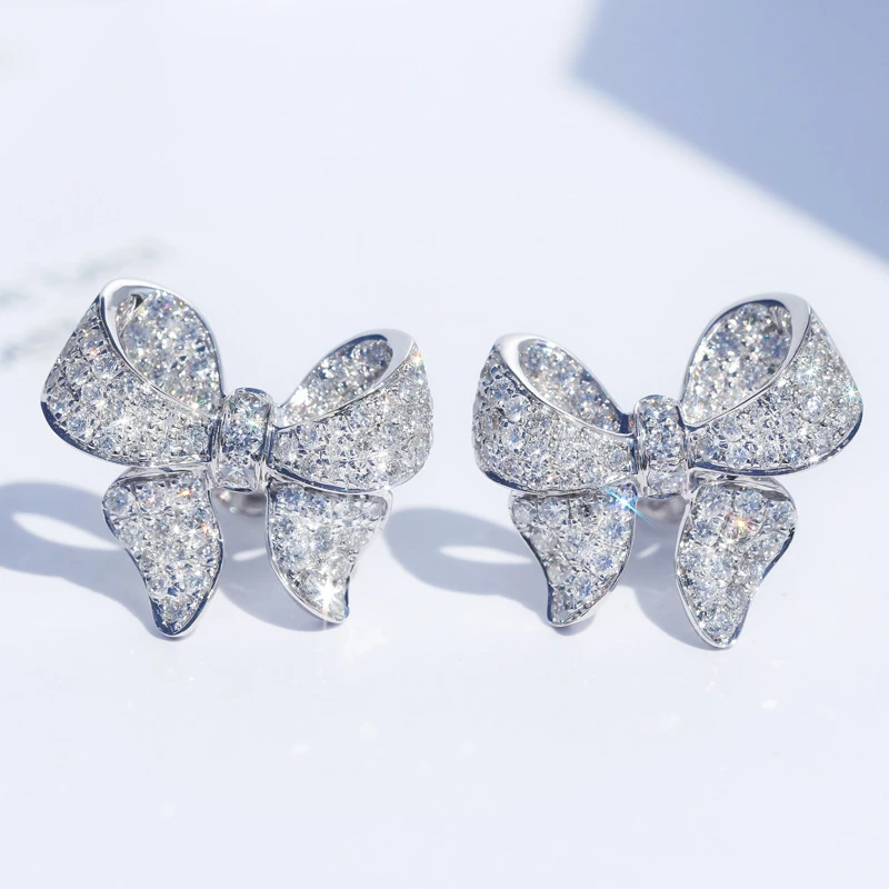 Korean Fashion 925 Silver Bow Stud Earring for Women Bling Charm Inlaid Zircon Bowknot Earring Wedding Engagement Jewelry Gift