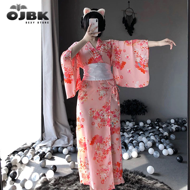 OJBK Japanese Kawaii Pink Kimono With White Bow-Knot Waistband And Thong Sexy Maid Cosplay Costumes For Woman AV Outfit 2020 New