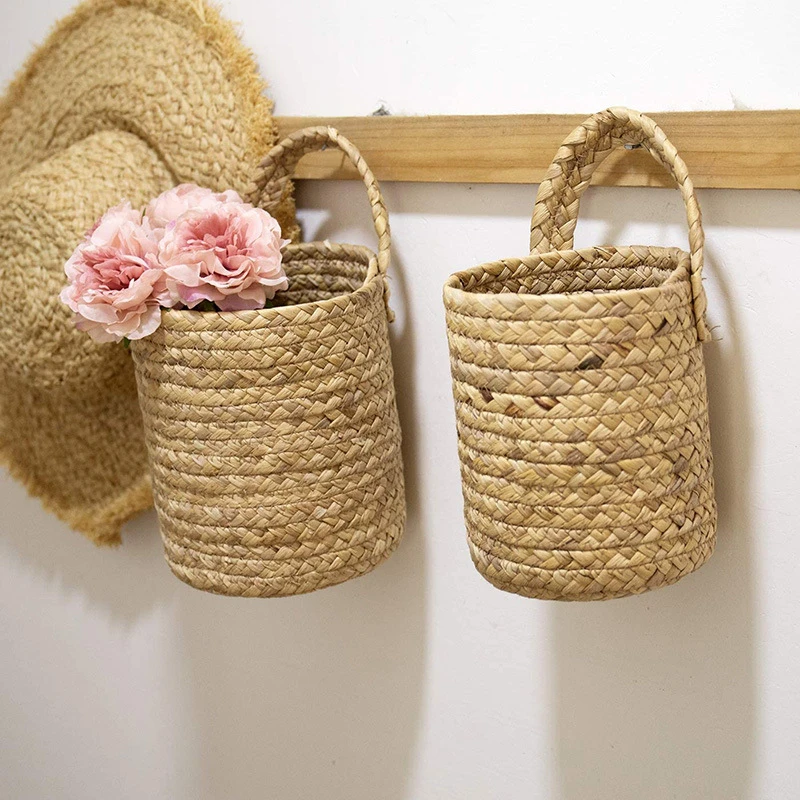 Woven Hanging  Woven Rattan Baskets Basket Wicker For Planters Garden Wall Decoration Wall-mounted Basket Storage Rack