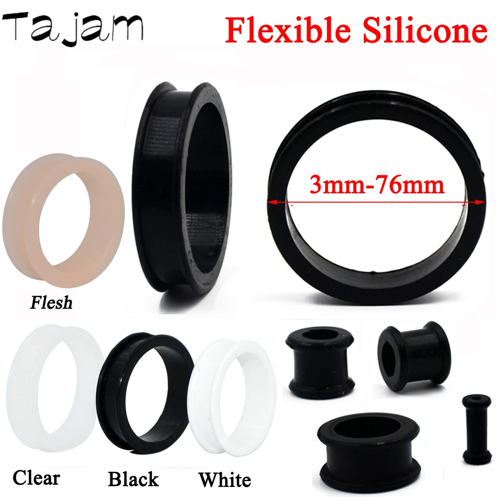 1Pair 3mm-76mm Big Size Hollow Black Silicone Flexible Double Flared Flesh Ear Tunnel Plugs Gauge Expander Stretchers Jewelry
