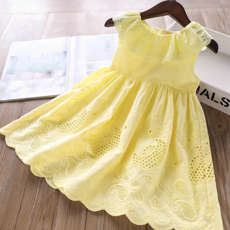 2020 New Girls' Dresses Children'S Summer Cotton Embroidered Hollow Dress Baby Kids Clothing Cute Ruffled Round Neck Vest Dress