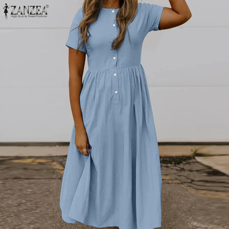 Women Summer Sundress ZANZEA 2021 Kaftan Solid Shirt Dress Casual Short Sleeve Midi Vestidos Female High Waist Robe Oversized