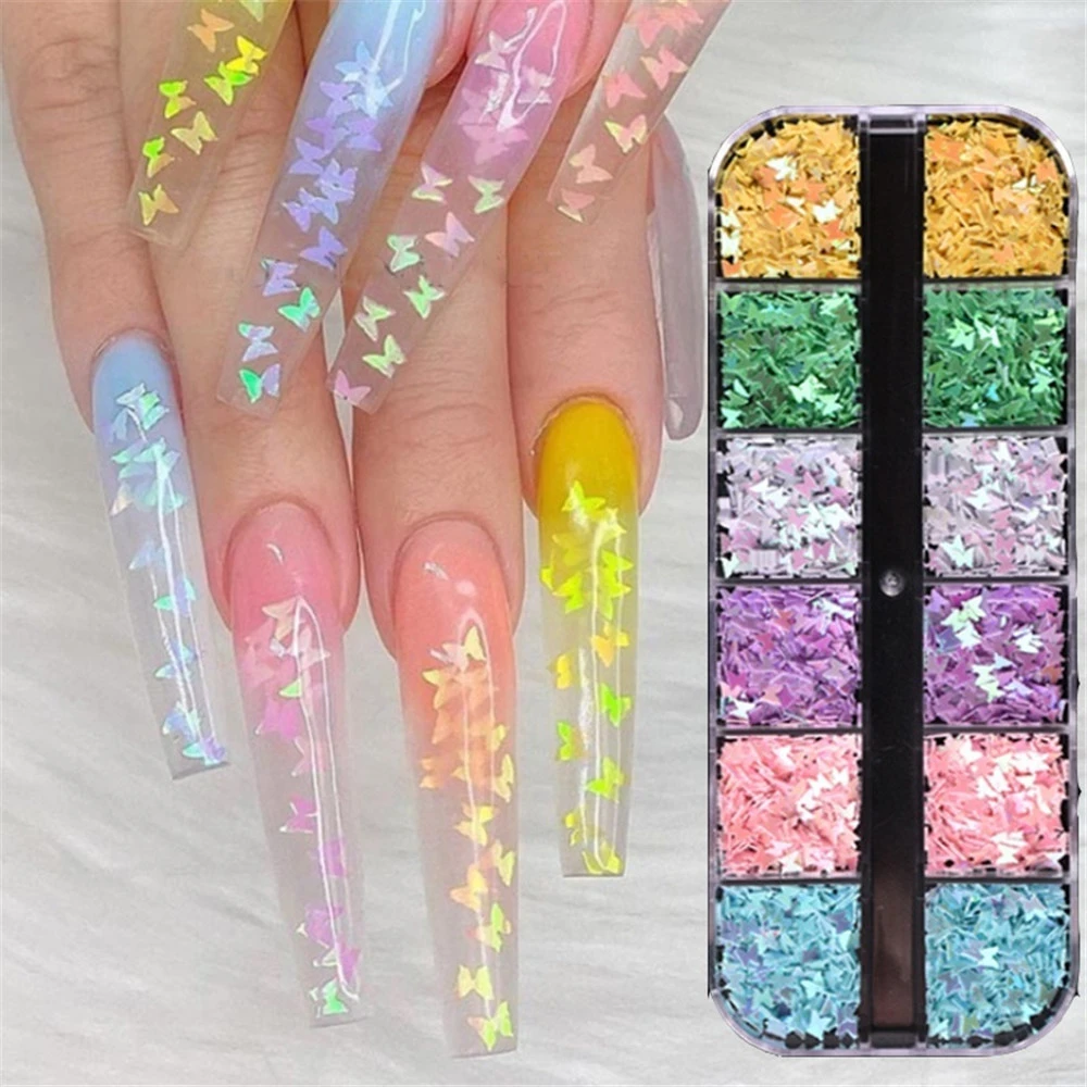 Butterfly Flake Sequin Chrome 3D Butterfly Holographic Nail Sequins Flakes Sparkly Slices Glitter Manicure Nails Art Accessories