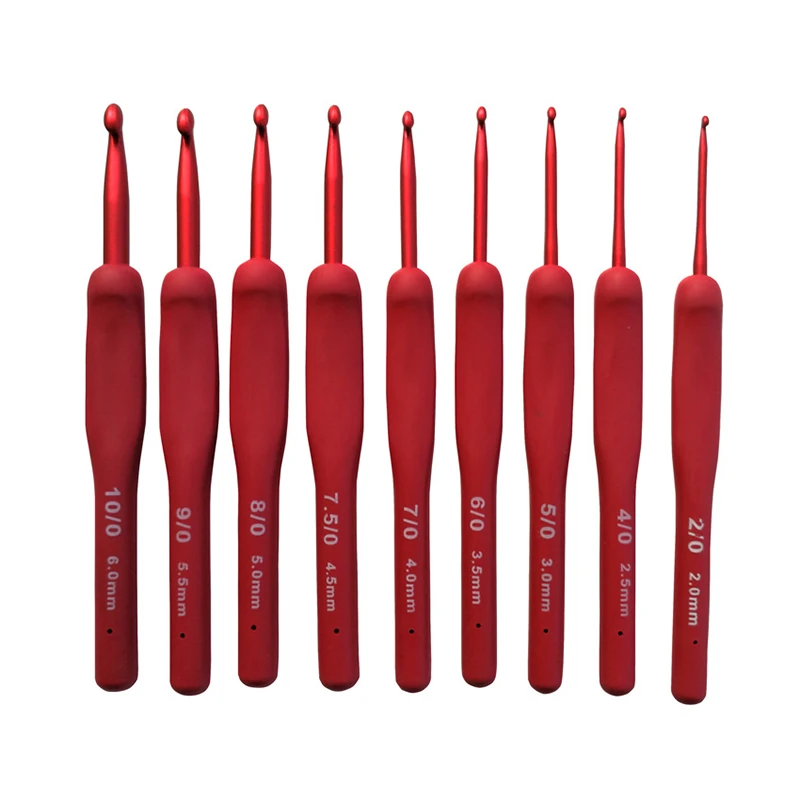 New 9Pcs/Set Red Metal Hook Crochet Kit TPR Aluminum Knitting Needles For Loom Tool Band DIY Crafts