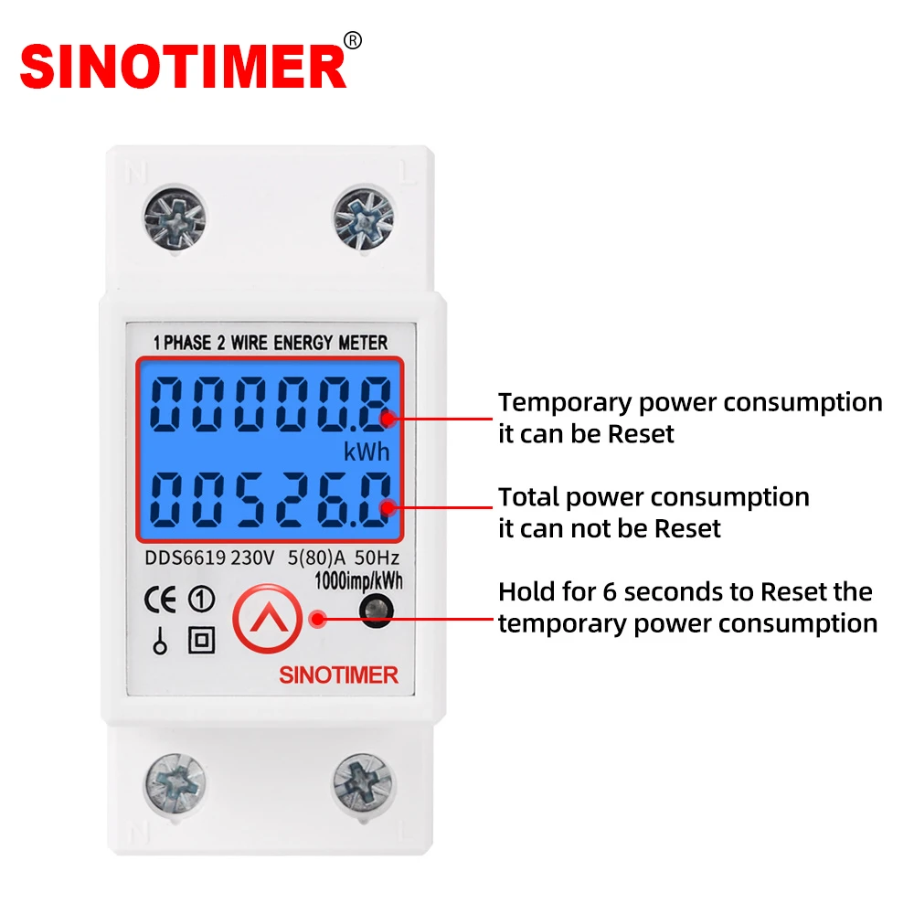 Digital Wattmeter AC 230V 5(80)A Power Energy Meter Din Rail KWH Voltage Current Meter Backlight with Reset Function