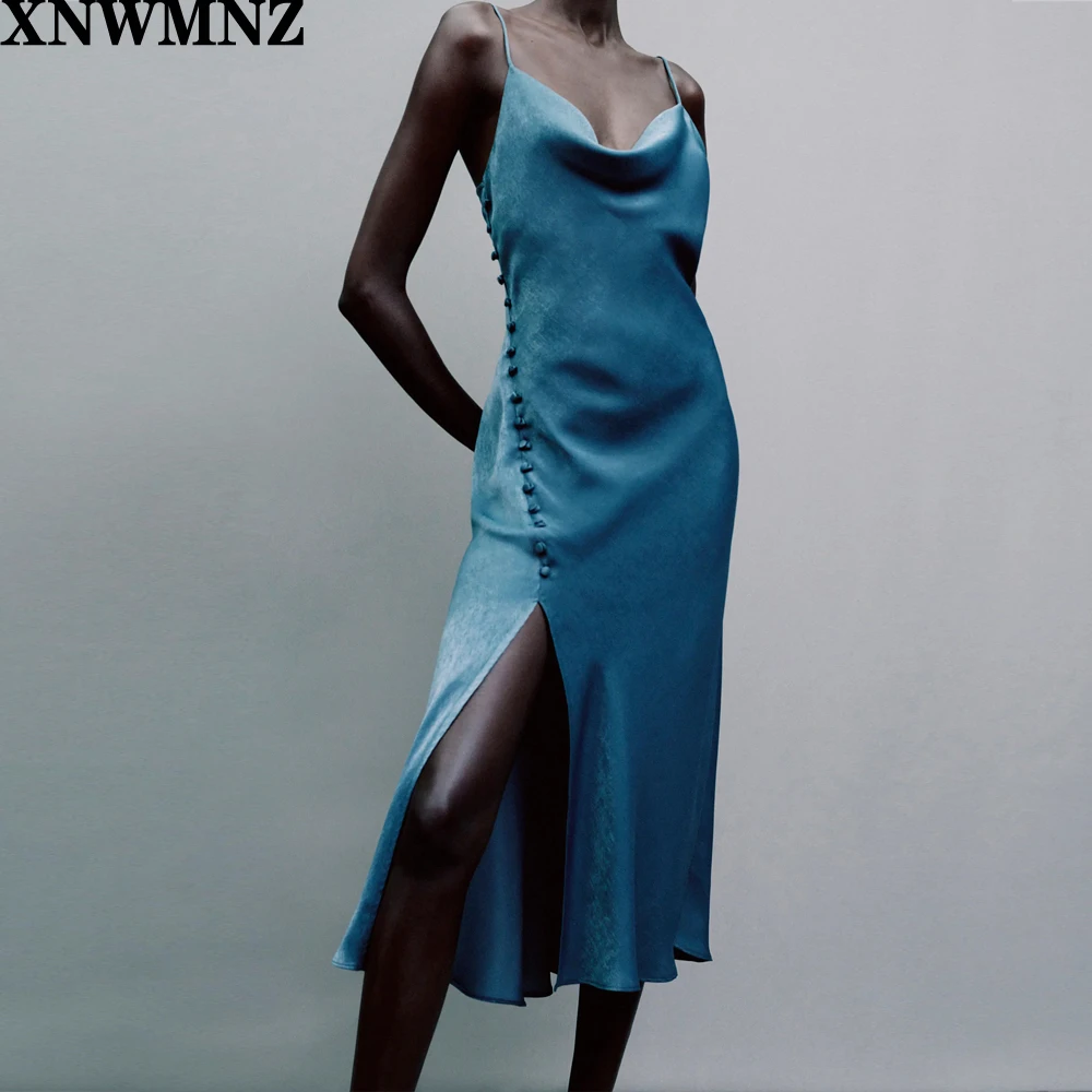 XNWMNZ Za Women Fashion Sexy satin camisole Dress Vintage   Bodycon Party Dresses Female Chic thin straps side vent Long dress