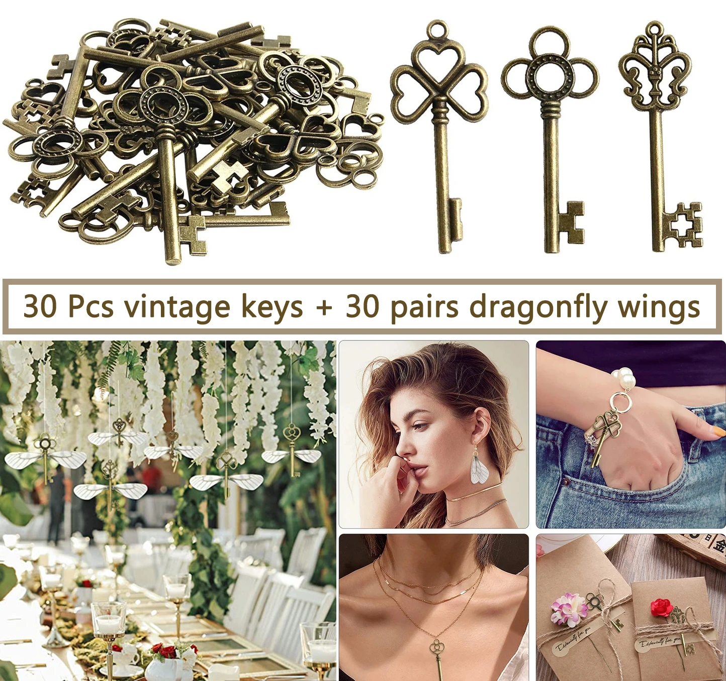 30Pcs Flying Keys DIY Handmade Accessories with Dragonfly Wing Charms Vintage Bronze Skeleton Key Party Wedding Favors Supplies