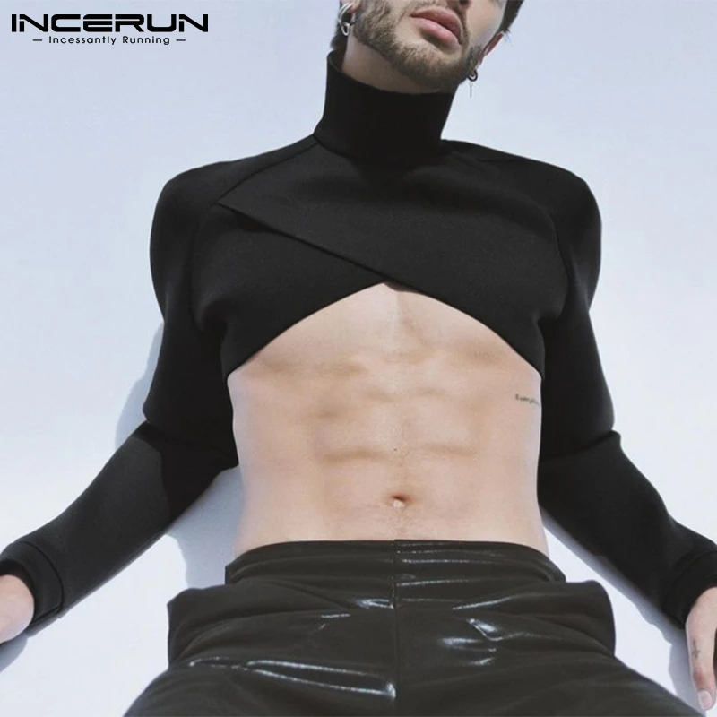 Fashion Men Crop Tops Solid Turtleneck Long Sleeve Sexy Casual Irregular Tops Undershirt Streetwear 2021 Camisetas INCERUN 5XL 7