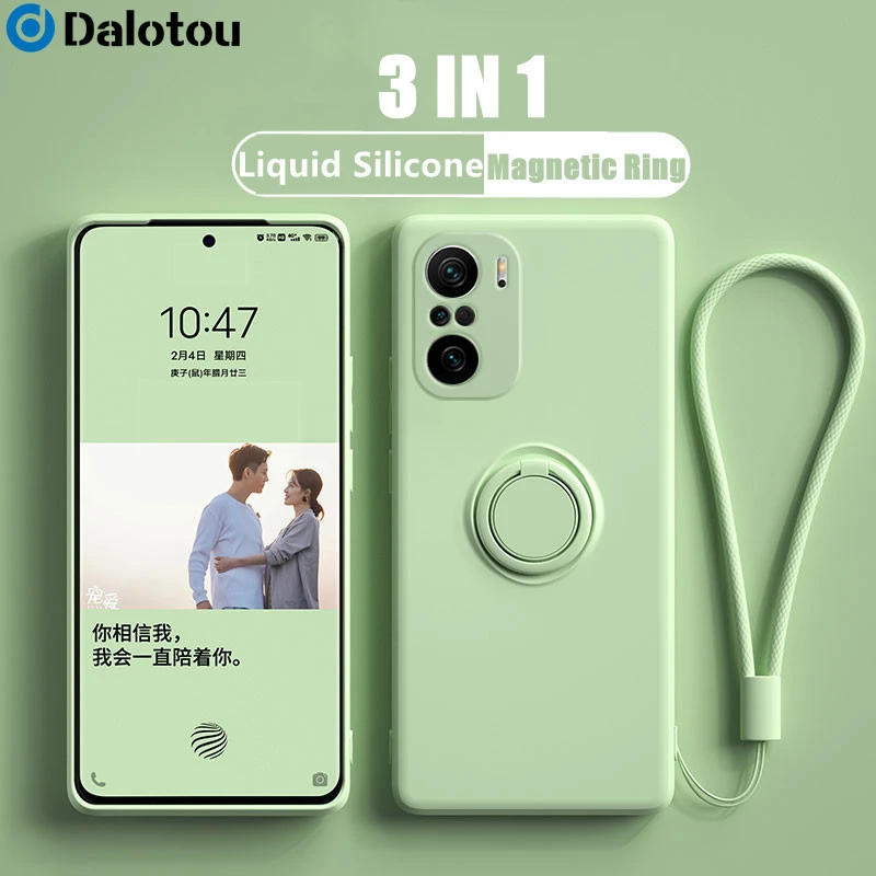 Liquid Silicone Case For Xiaomi Mi Poco F3 X3 Pro NFC F2 11 Ultra Redmi Note 10 9 Pro Max 10S 9S K40 K30 Ring Holder Strap Cover