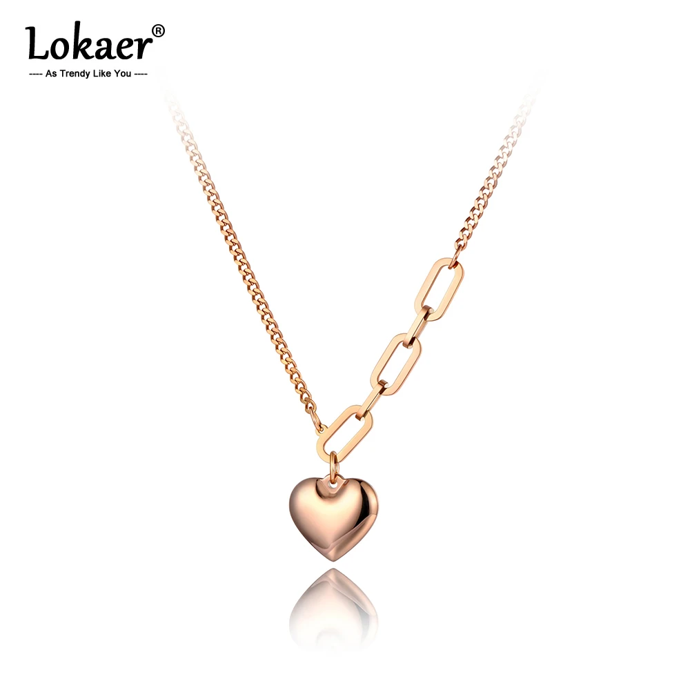 Lokaer Fashion Titanium Stainless Steel Lovely Heart Charm Pendant Necklaces Bohemia Link Chain Choker Necklace For Women N20133