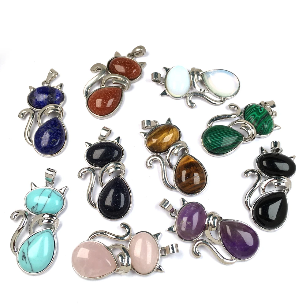 Natural Stones Cat Shape Flat Bead Pendant Cute Kitten Plated Pendants For Jewelry Making DIY Reiki Necklaces Accessories