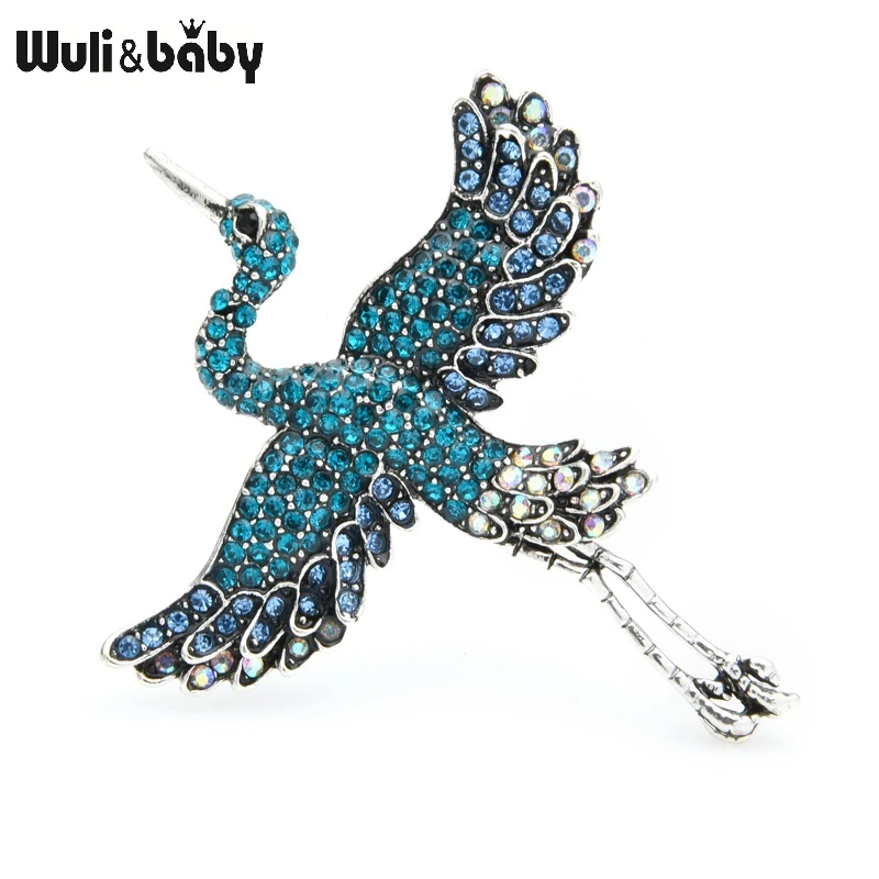 Wuli&baby Blue Pink Rhinestone Crane Bird Brooches Women Alloy Sparking Animal Party Casual Brooch Pins Gifts