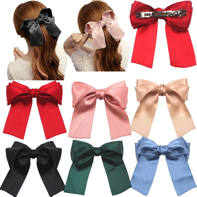 Vintage Fashion Satin Bow Ribbon Hair Clip Korean Headwear Spring Ponytail Clip Simple Hairpins Woman Head Flower Gift