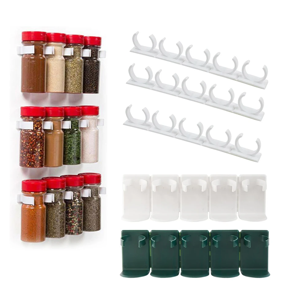 Kitchen Spice Jar Rack Wall-Mounted Adhesive Seasoning Bottles Holder Cabinet Door Condiment Bottle Hanging Clips