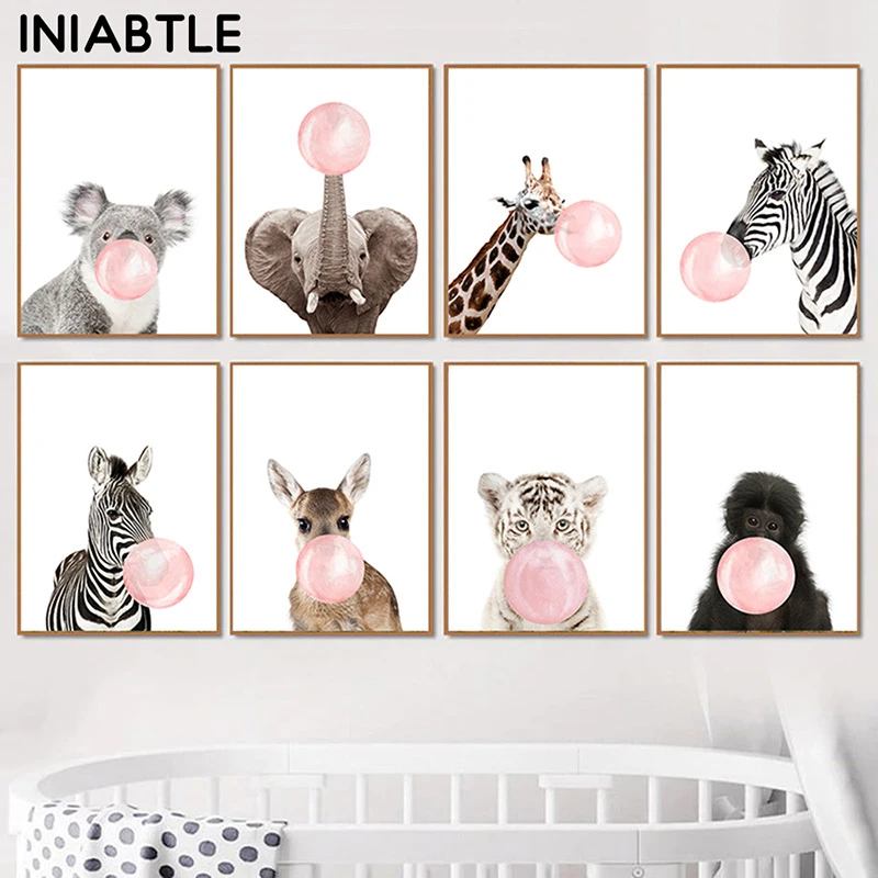 Pink Bubble Elephant Giraffe Poster Print Animal Nursery Wall Art Canvas Painting Child Picture Nordic Kids Baby Room Decoration