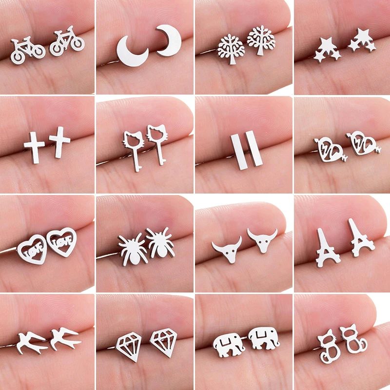 Jisensp Stainless Steel Stud Earrings for Women Minimalist Bicycle Cross Star Moon Earings Fashion Jewelry Best Gift for Friend