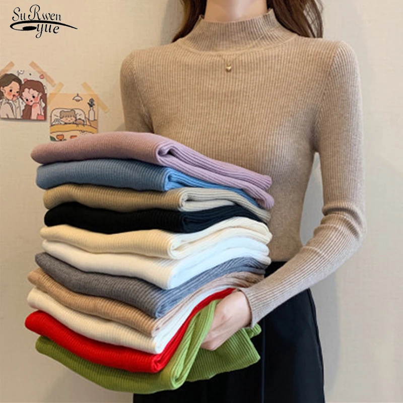 Turtleneck Women Knitted Sweater Pullovers Autumn Winter Long Sleeve Solid Sweater Slim Casual Girls Women Tops Full Femme 17342