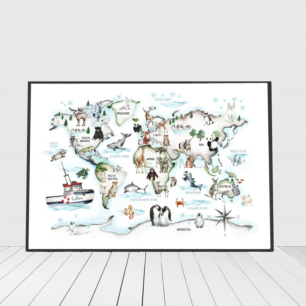 Cartoon Animals World Map Wall Poster for Kids Room Decor Nursery Children Custom Name Personalized Print Art Canvas Painting