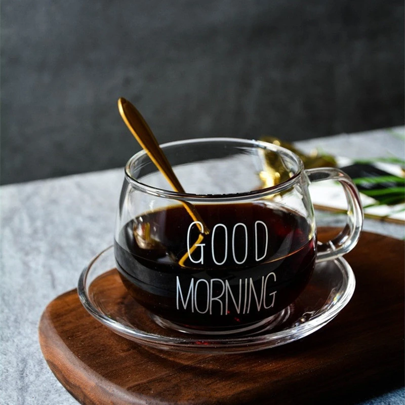 1Pcs Glass Breakfast Cup Coffee Tea Milk Yogurt Mug Creative Letters Printed Mug Transparent Handle Drinkware