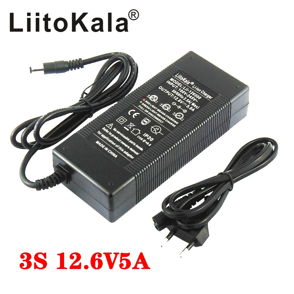 Liitokala 12.6V 5A 3A 1A Lithium Battery Charger 3 series lithium Cbattery 12V battery charger+US EU AC power cord