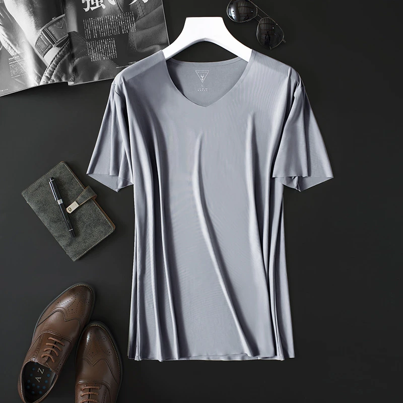 2021 Men's Thin Short Sleeve Ice Silk Without Summer Solid Color T shirt Trace Slim V-neck Bottoming Fashion Men Clothing