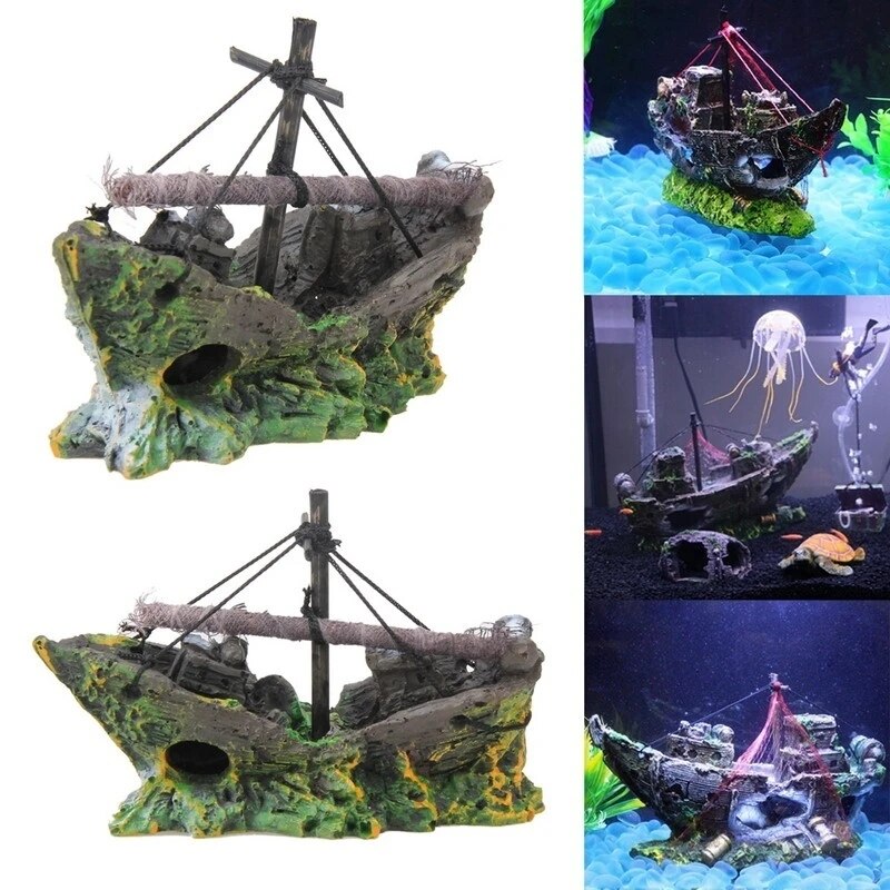 Aquarium Ornament Wreck Sunk Ship Sailing Boat Destroyer Fish Tank Cave Decor Fish Tank Accessories