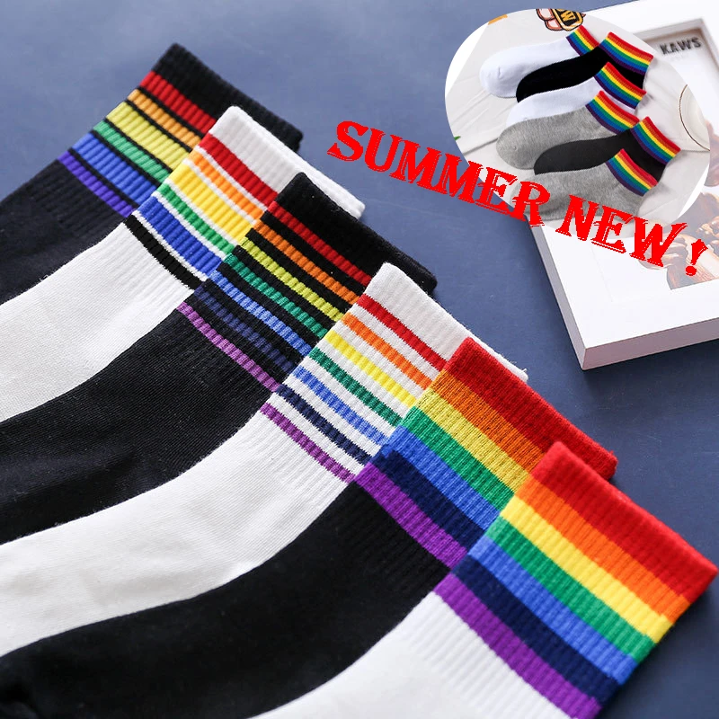 Fashion Socks Cotton Rainbow Stripes Christmas Gift Classic Warm Casual Tide Harajuku Funny Cute Pop Korean Socks For Women