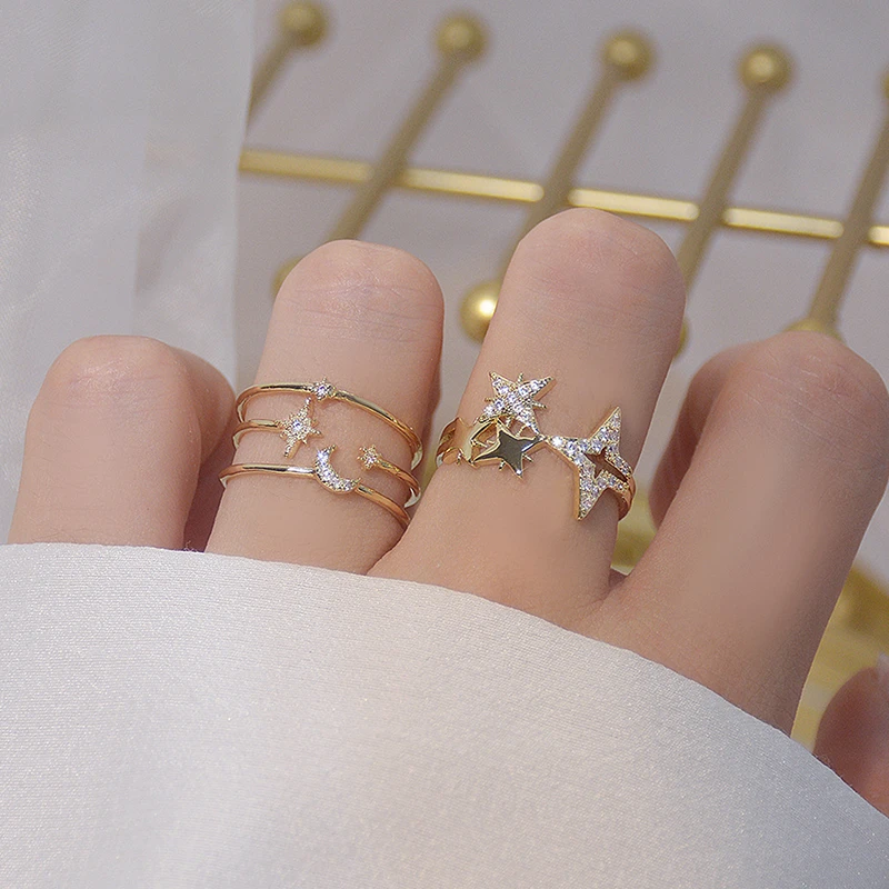 Romantic Sun Moon Star Shine CZ Ring for Girl Adjustable Open Design Fashion 14k Real Gold Bling Zircon Rings Jewelry Pendant