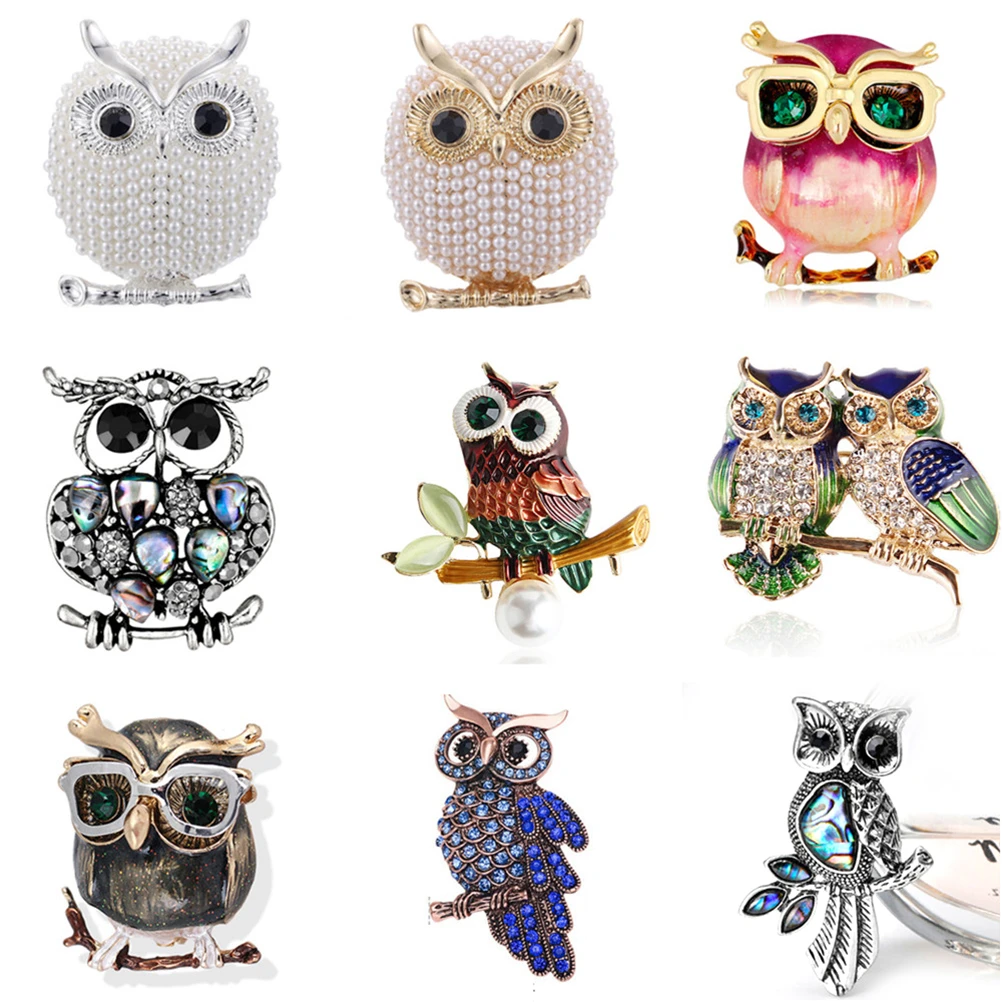 Blue Eyes Enamel Pins Rhinestone Couple Owl Brooch Animal Brooches For Women Men Clothes Scarf Buckle Collar Jewelry Pins