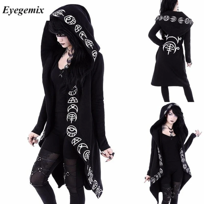 Gothic Punk Black Long Women Hoodies Sweatshirts 2021 Autumn Moon Print Long Sleeve Hoodie Women Loose Coat Hooded Sweatshirt