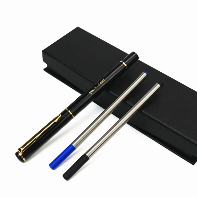 All metal signature pen Free  engraved custom  gold text roller pen 2 extra refills in black and blue  with gift box packaging
