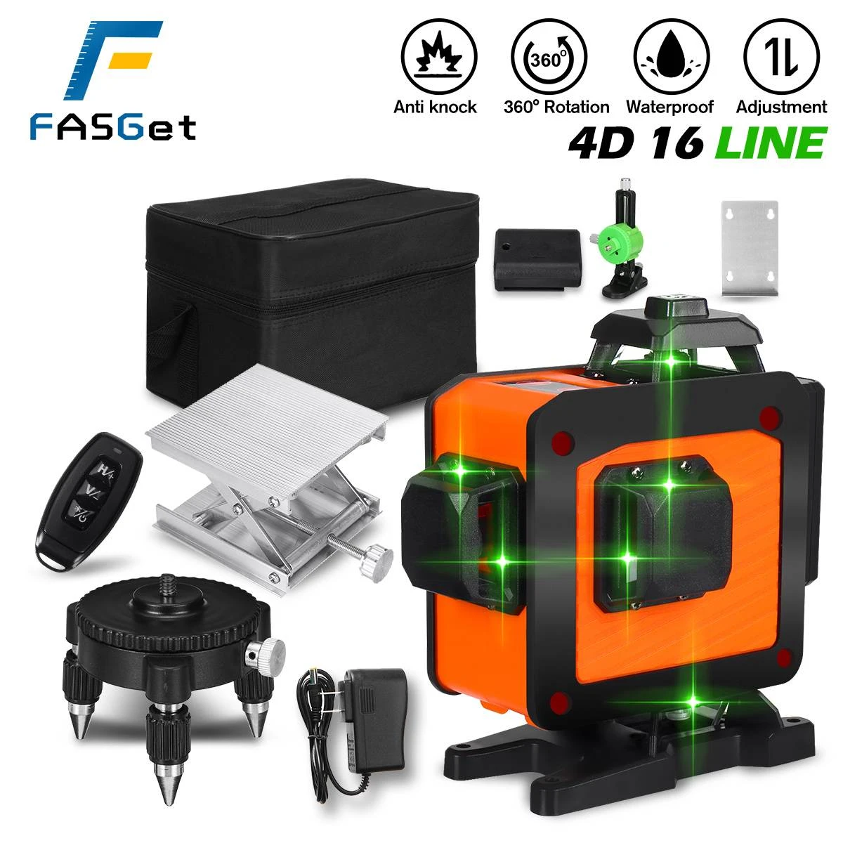 FASGet 16 Lines 4D Green Laser Level Self-Leveling 360 Degrees Horizontal And Vertical Cross Green Lines  W/ Tripod Battery