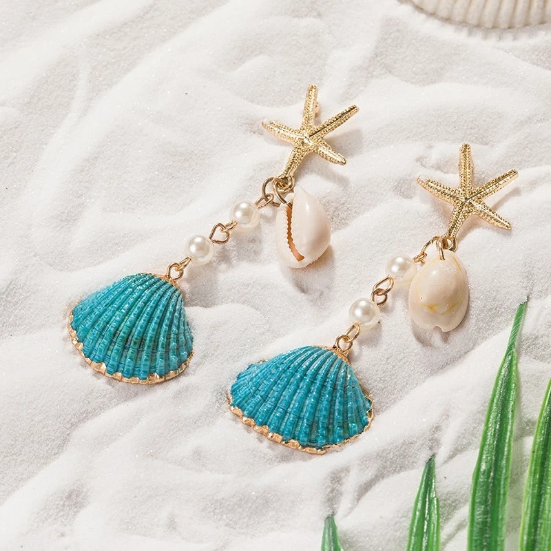 JOUVAL Starfish Sea Shell Long Drop Earrings Women Gold Color Alloy Cowrie Dangle Earring With Pearl 2019 Summer Jewelry Brincos