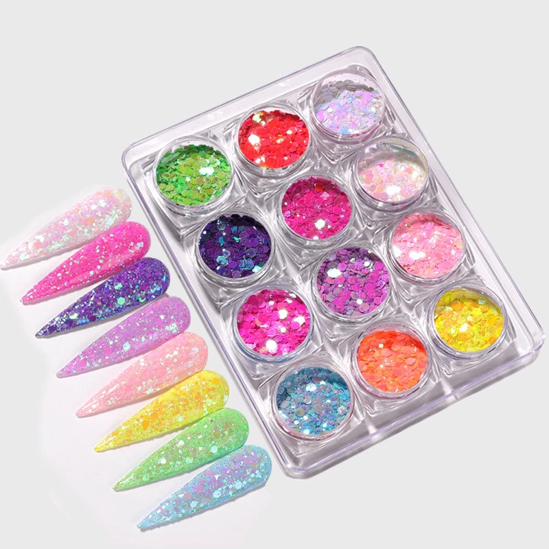12 Colors/Set Nail Symphony Mermaid Glitter Flakes Sparkly 3D Hexagon Colorful Sequins Spangles Polish Nail Glitter Mix Powder