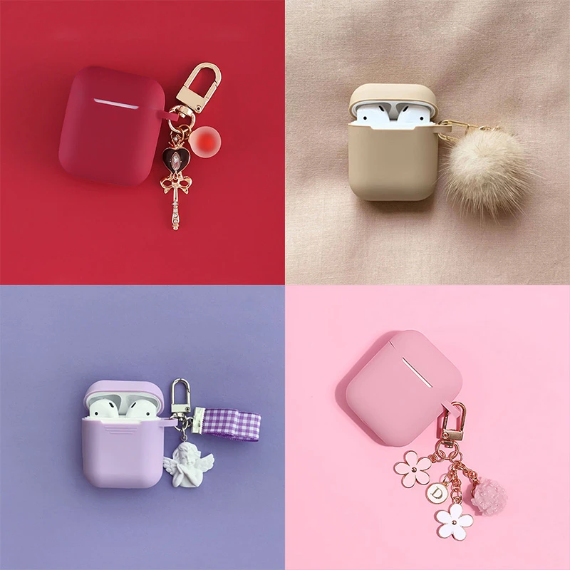 Vintage Mink hair ball Keychain Silicone Earphone Case For Apple Airpods 1 2 Bluetooth Headset Cover Cute Angel Flower Decor