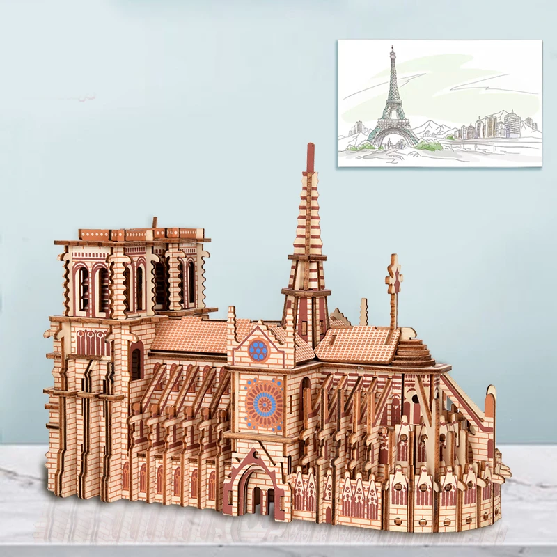 3D Wooden Puzzles Notre Dame Cathedral Sailing Boat Plane DIY Jigsaw Woodcraft Kit Education Toys For Kids Building Robot Model