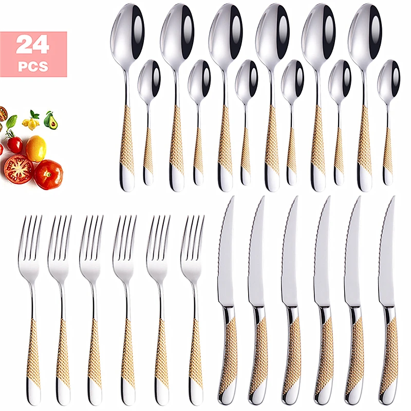 24pcs Dinnerware Set Cutlery Set 18/10 Stainless Steel Silverware Dinner Set Knife Fork Spoon Dishwasher Safe Dropshipping