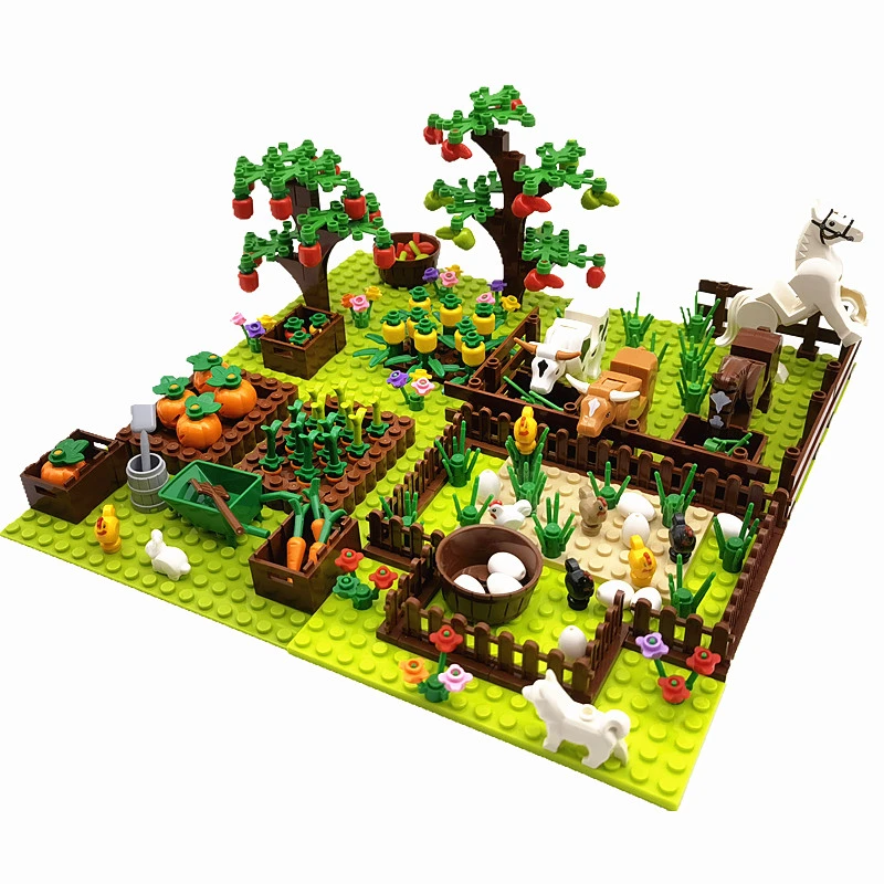 Farm Animals Trees Plants Building Blocks for Kids MOC Compatible Classic Bricks Toys for Children Juguetes Bloques Base Plate