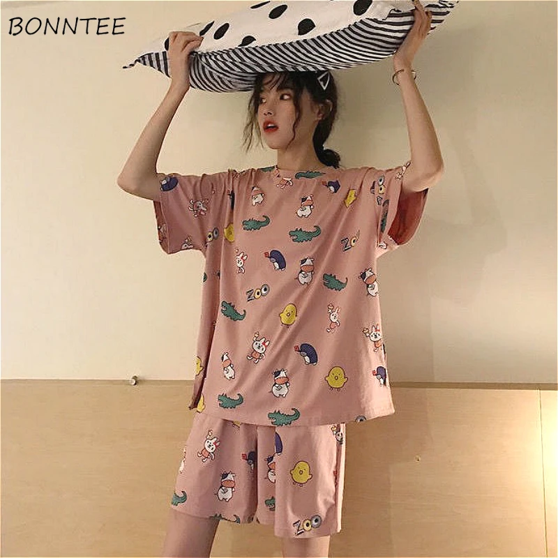 Pajama Sets Women Summer New Trendy Simple Korean Sweet Printed Loose Schoolgirls Homewear Kawaii Leisure Soft Womens Sleepwear