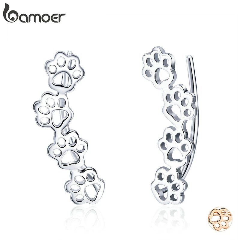 BAMOER Hot Sale 925 Sterling Silver Paw Trail Cat And Dog Footprints Stud Earrings for Women Sterling Silver Jewelry SCE430